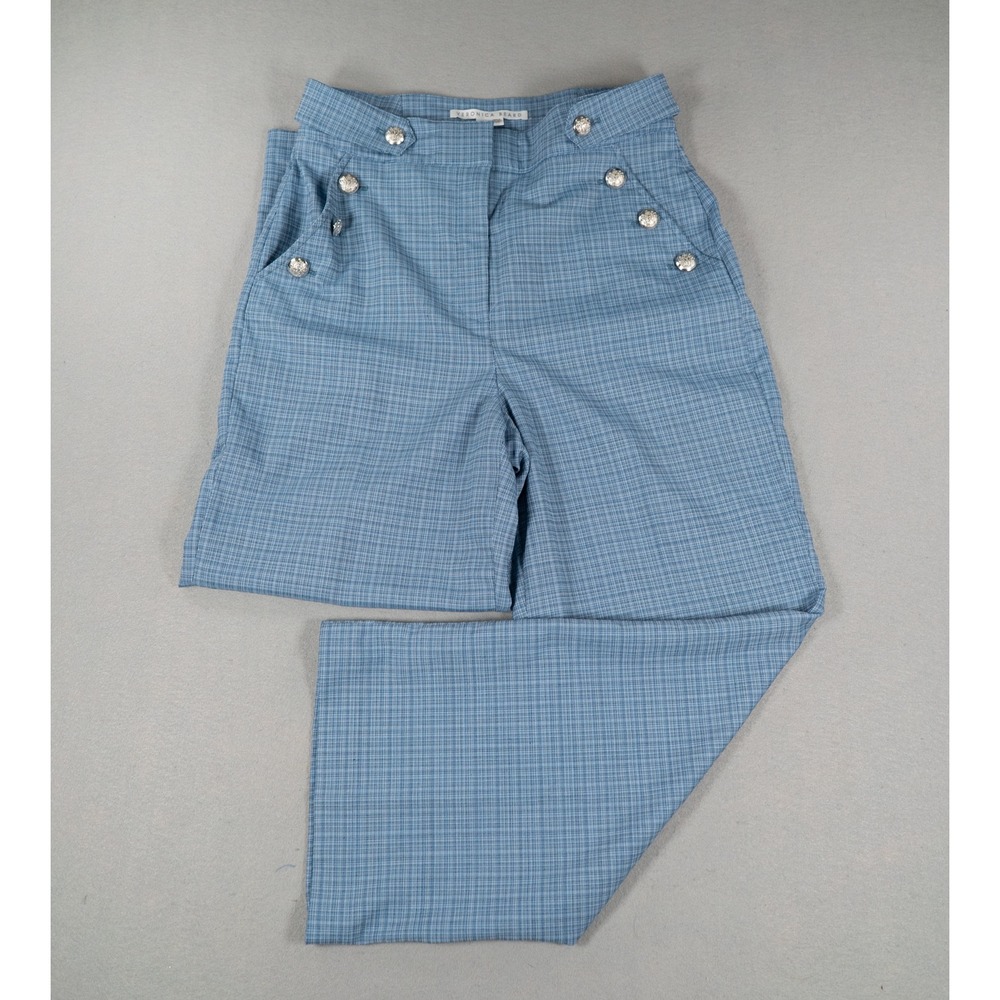 Veronica Beard Womens Sailor Pants Plaid Wide Leg Crest Button Blue Size 8